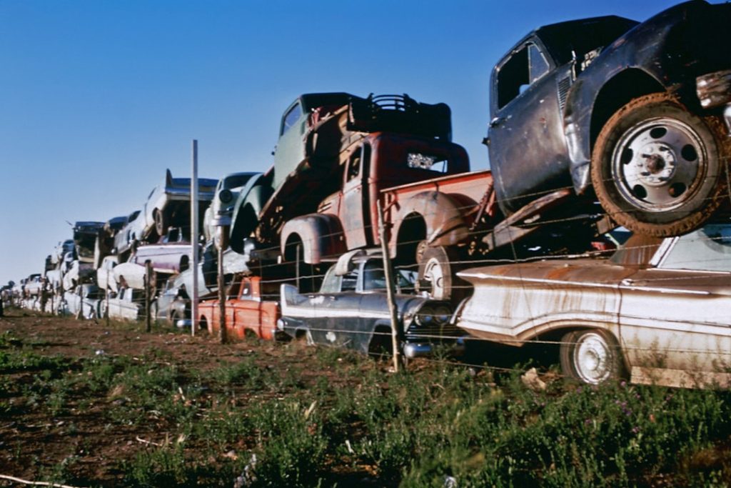May 1972: Junked automobiles, Santa Fe, New Mexico (Danny Lyon / Documerica)